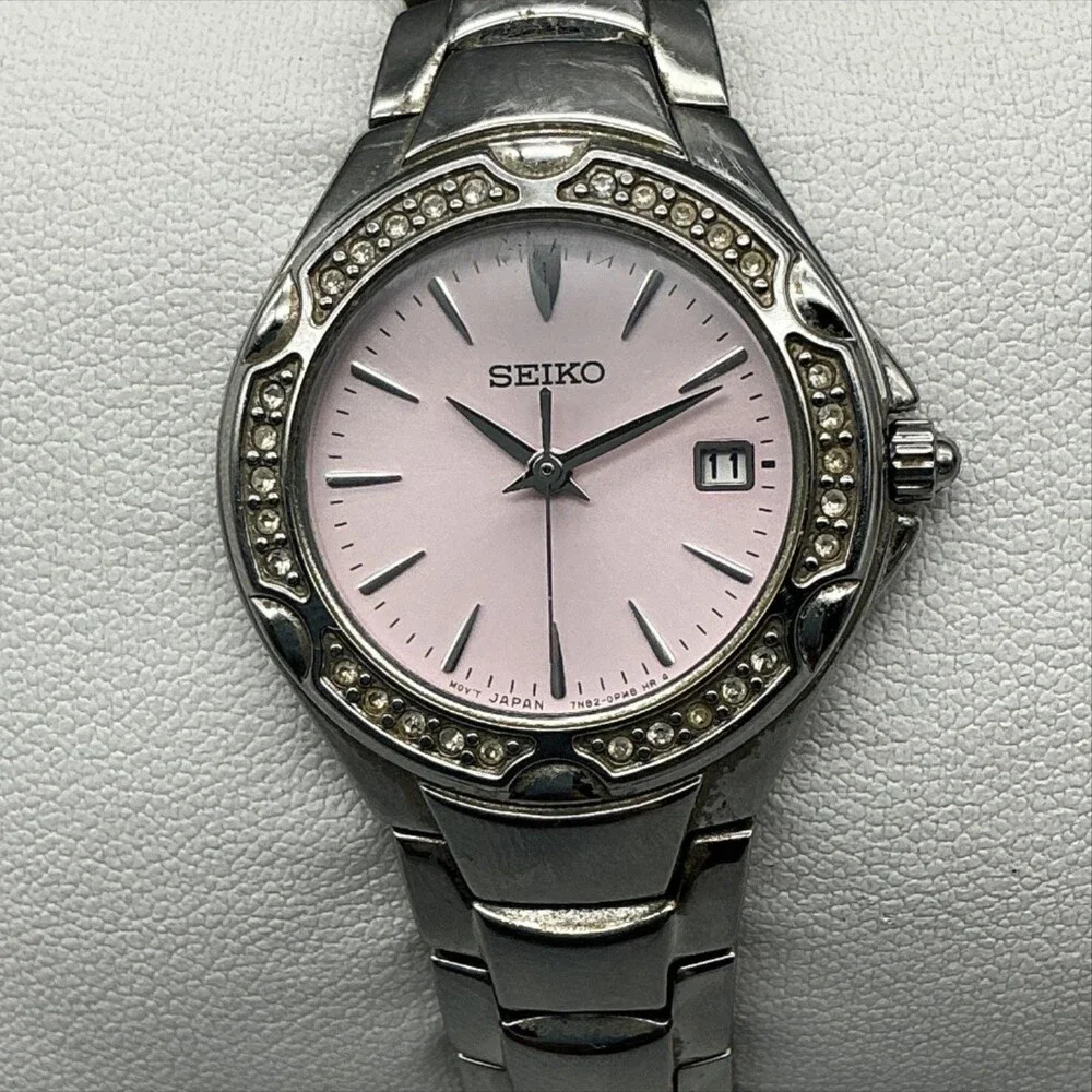 Seiko 7N82-0GG0 Womens Watch 26mm Pink Dial Crystals Stainless New Battery 6